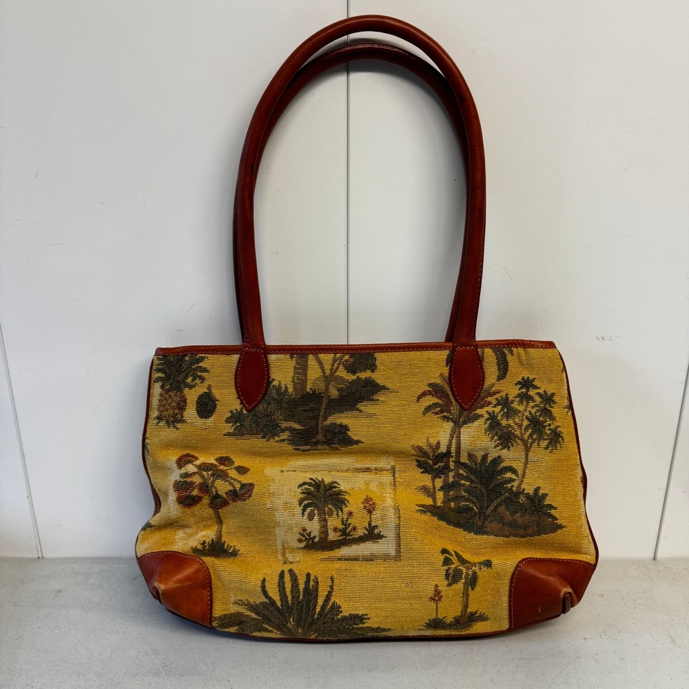 Tommy Bahama Tropical Tapestry Leather Trim Tote Bag Yellow Palm Tree Pineapple
